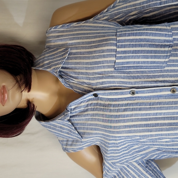 Hope & Harlow Blue and White Stiped Linen Blend Shirt Dress, Women's Size 12 - Picture 6 of 8